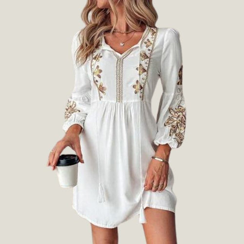 Weißes langärmeliges Kleid mit Stickerei und Spitze – langes Damenkleid aus weichem Polyester für entspannte Anlässe 1