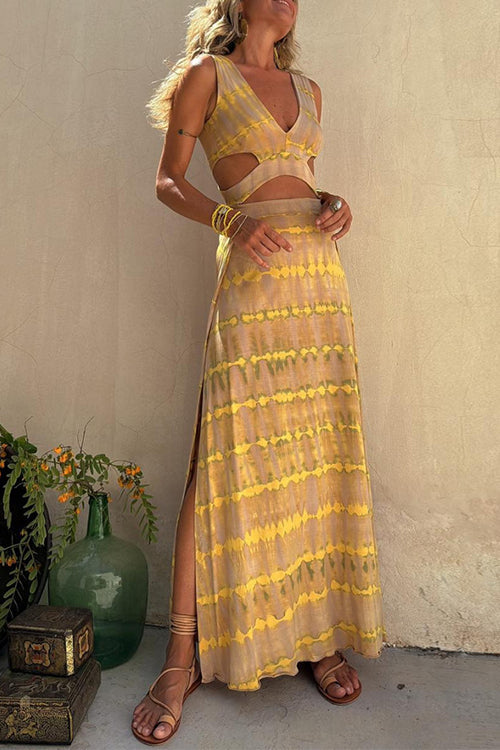 Damen-Maxikleid, V-Ausschnitt, Batik, Muster, langes Kleid für Sommer-2