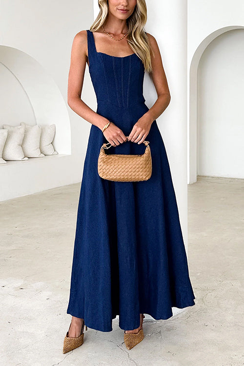 Maxikleid Damen Ärmellos Schwingender Denim-3