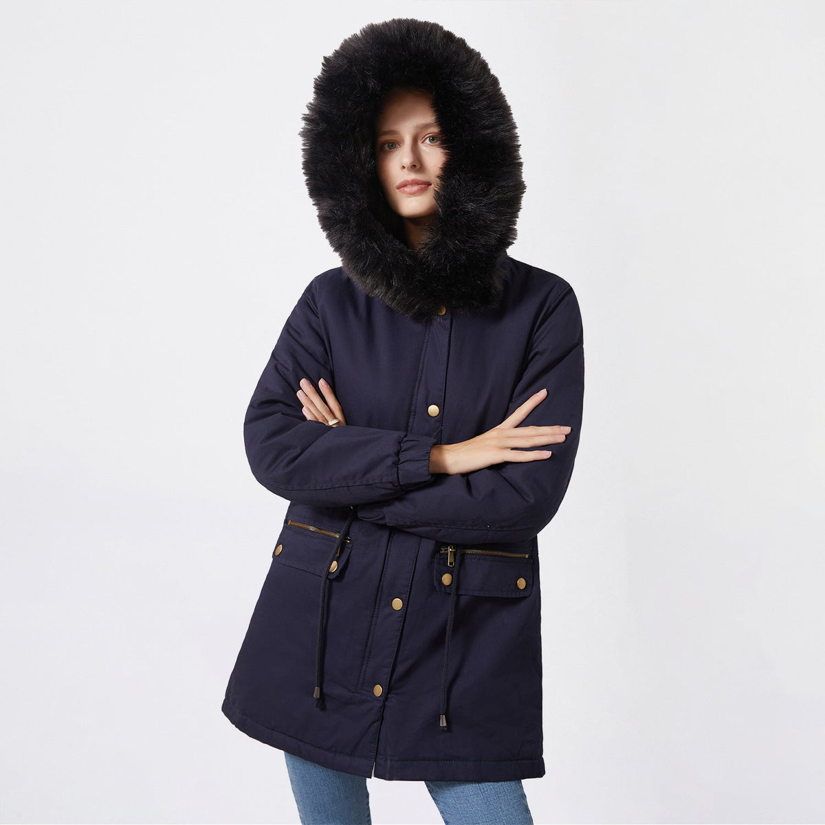 Damen-Parka-Mantel mit Fleecefutter und Kapuze, Baumwolle, Polyester-3