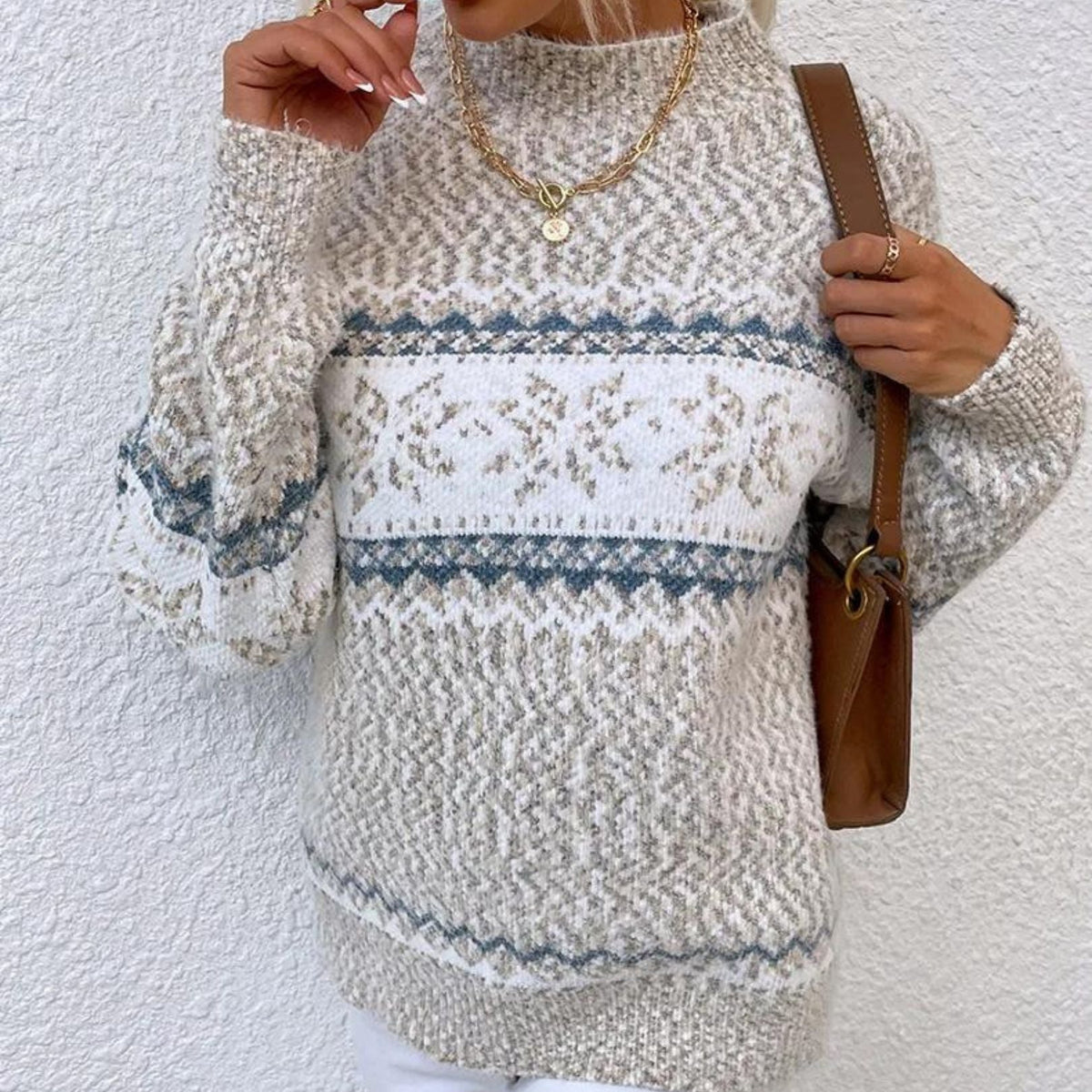 Damen-Pullover, Streetstyle, halboffener Kragen, Polyester, mit Schneeflockenmuster-6