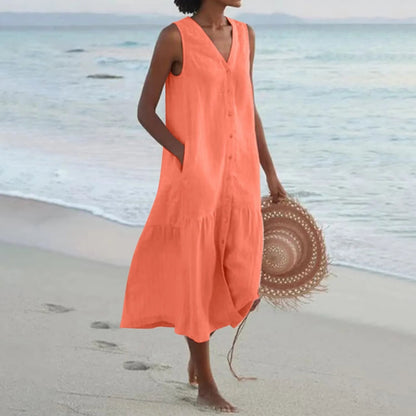 Variant image for Damen-Kleid, V-Ausschnitt, leichtes Leinen, elegantes Design, knielang-19