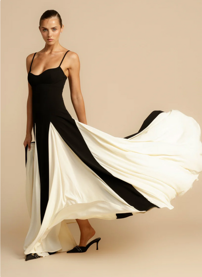 Damen-Maxikleid, zweifarbige Spaghettiträger, Riemen, Polyester, Elasthan-3