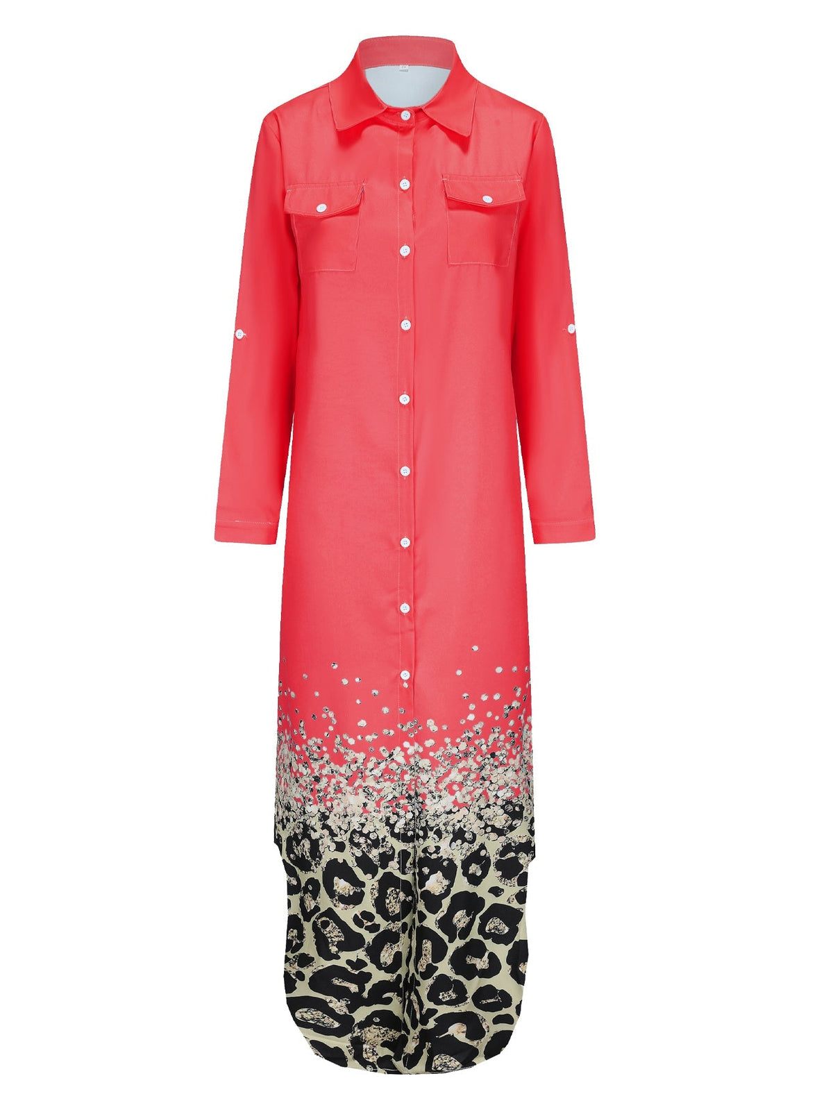 Damen-langes Kleid, Hemdblusen-Stil, Polyester, Leopardenmuster-3