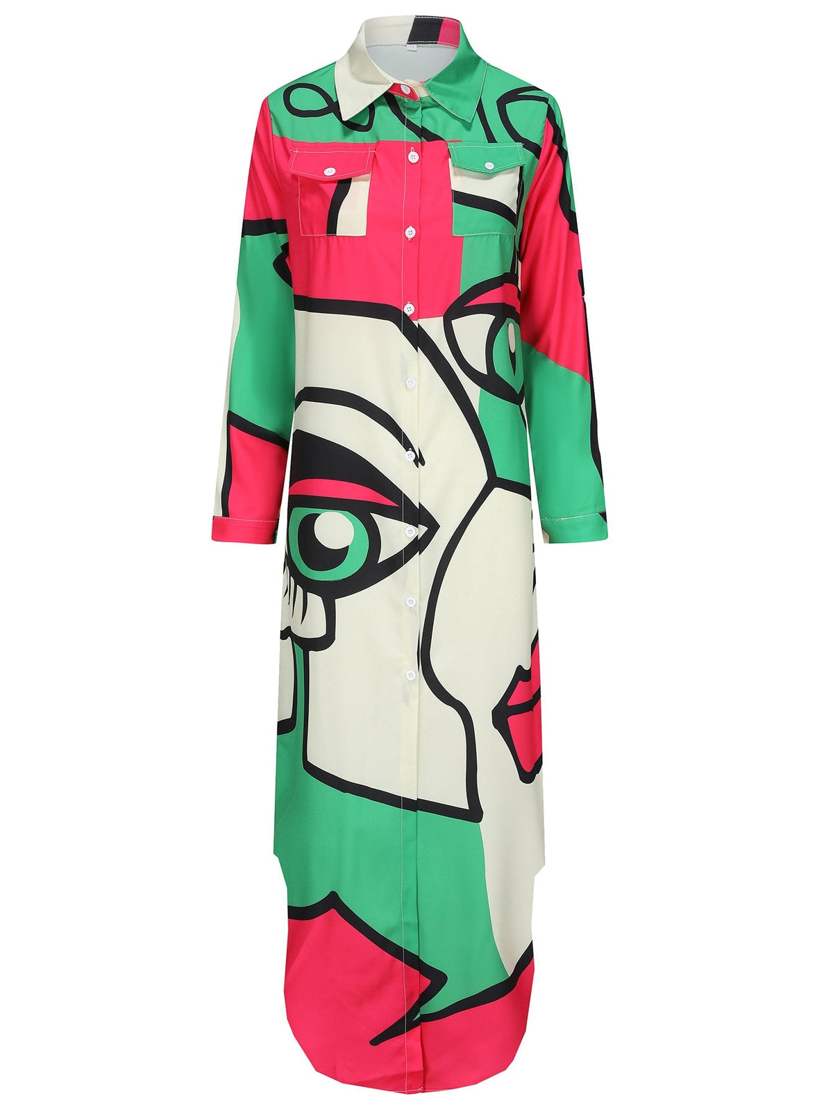 Damen-Kleid, langärmlig, Hemdkragen, Farbblock, Polyester-4