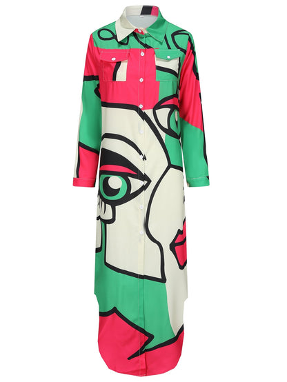 Damen-Kleid, langärmlig, Hemdkragen, Farbblock, Polyester-4