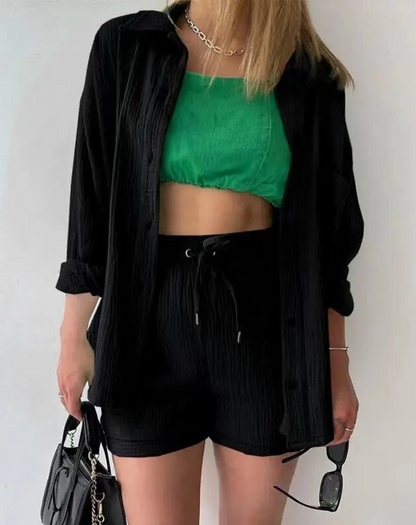 Variant image for Damen-Nachtwäsche-Set mit Kragen und Shorts aus Gaze-1
