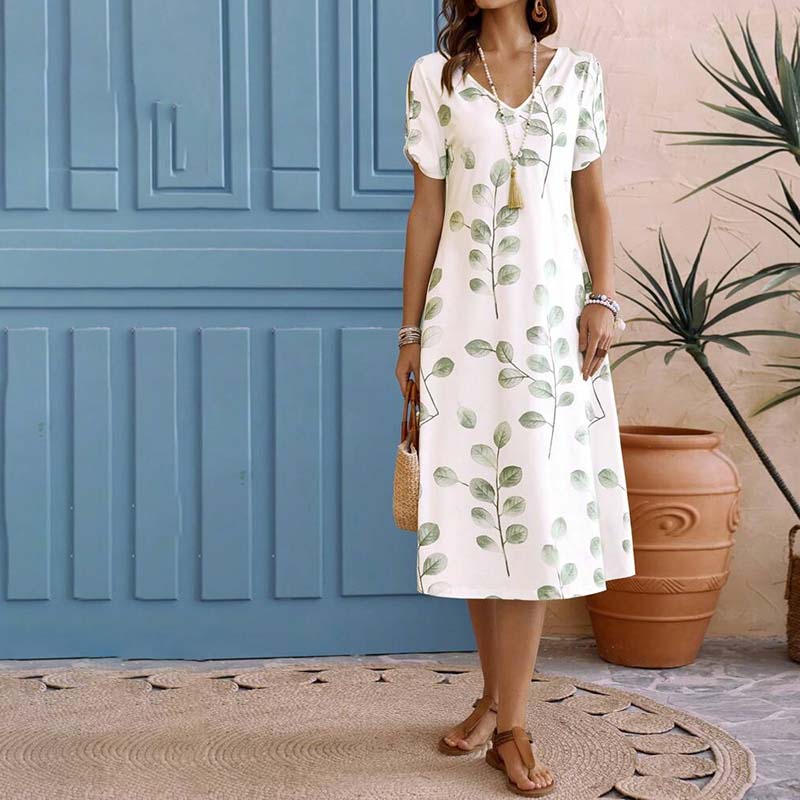 Schöne Damenkleider, V-Ausschnitt, Blattmuster, Polyester, elegante Sommerkleider-2