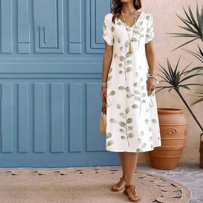 Schöne Damenkleider, V-Ausschnitt, Blattmuster, Polyester, elegante Sommerkleider-2