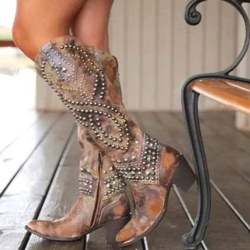 Damenstiefel, hoch, Chunky Absatz, synthetisches Material, mit metallischen Nieten-1