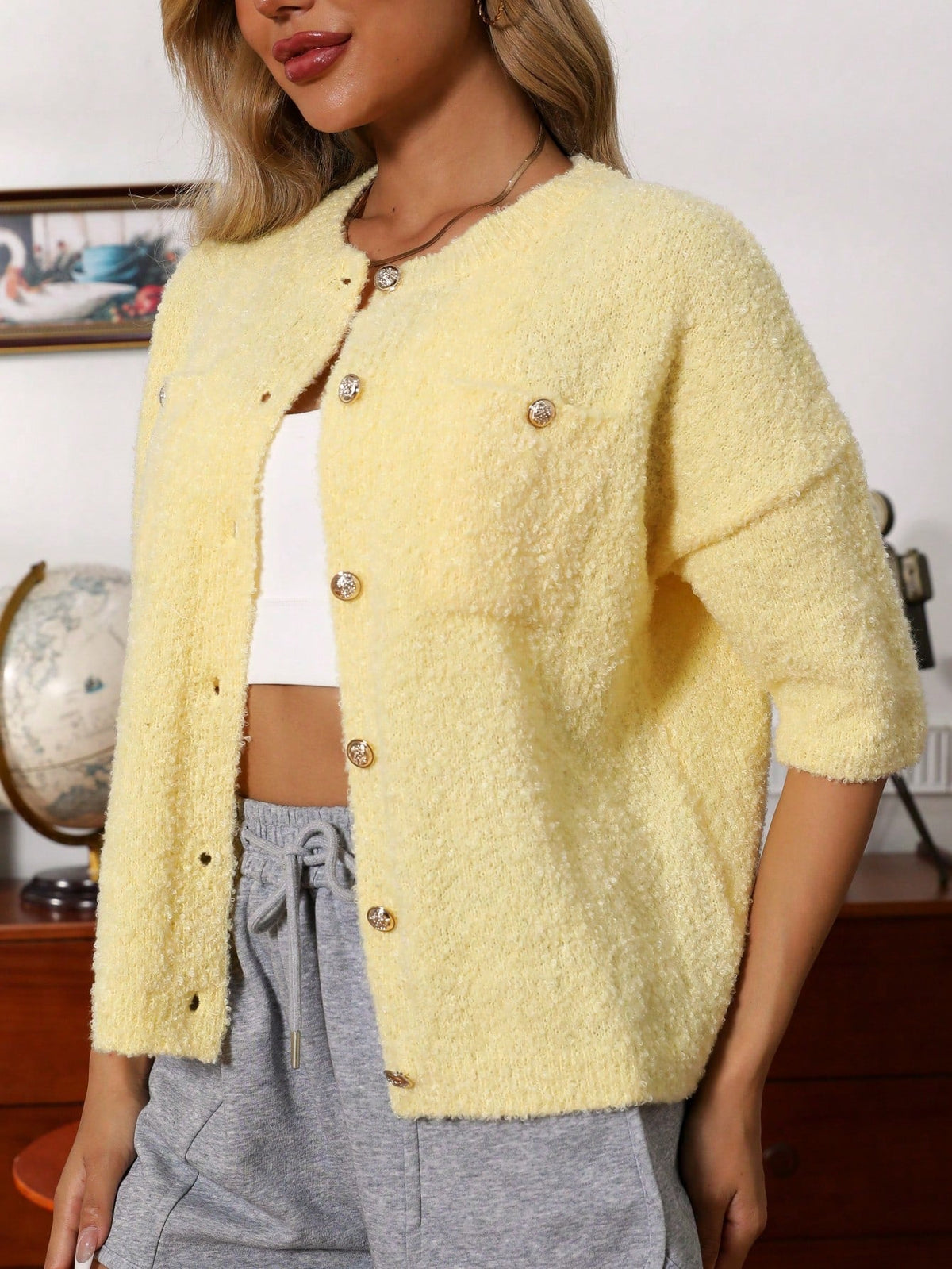 Damen-Cardigan, Knopfdesign, weiches Polyester-4