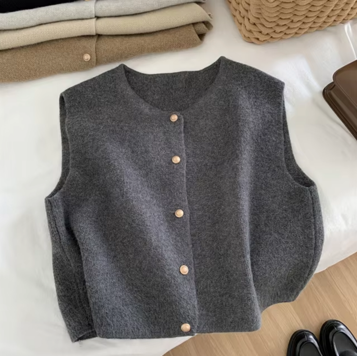 Damen-Strickweste, mit Knopfdesign, ärmellos, zeitloser Stil-4
