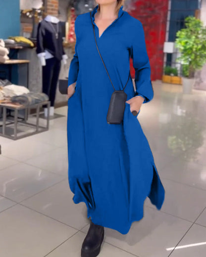 Damen-Maxikleid mit Schlitz aus 100 % Polyester, lange Ärmel, Loose Fit-5