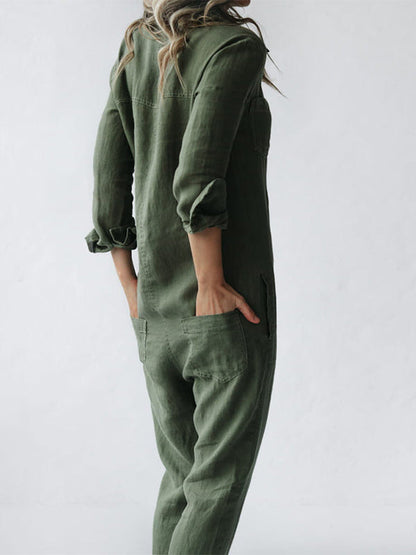 Damen-Jumpsuit Langarm Leinen-Baumwolle-Polyester-3