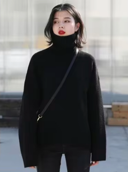 Damen-Strickpullover mit Rollkragen aus weicher Baumwolle – monochromes Design mit breiter Passform für Herbst und Winter 2