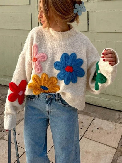 Variant image for Damen-Strickpullover, Blumenmuster, weich, hochwertiger Stoff-1