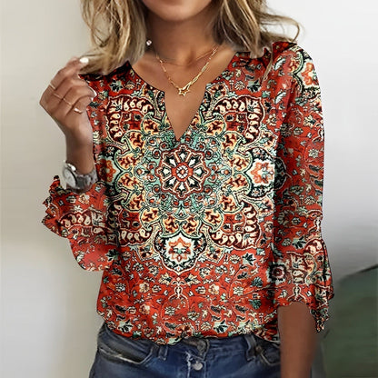 Damen-Bluse, Boho, V-Ausschnitt, ausgestellte Ärmel, Viskose 2