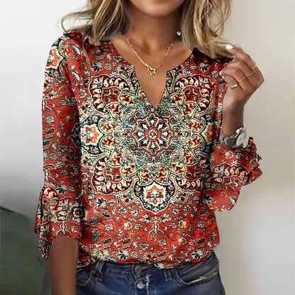 Damen-Bluse, Boho, V-Ausschnitt, ausgestellte Ärmel, Viskose 1