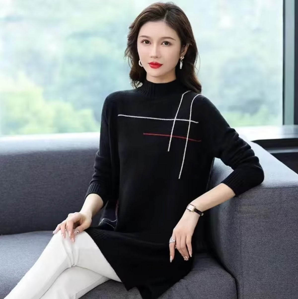 Damen-Strickpullover, halblanger Wollmix, weich, lässige Passform-3