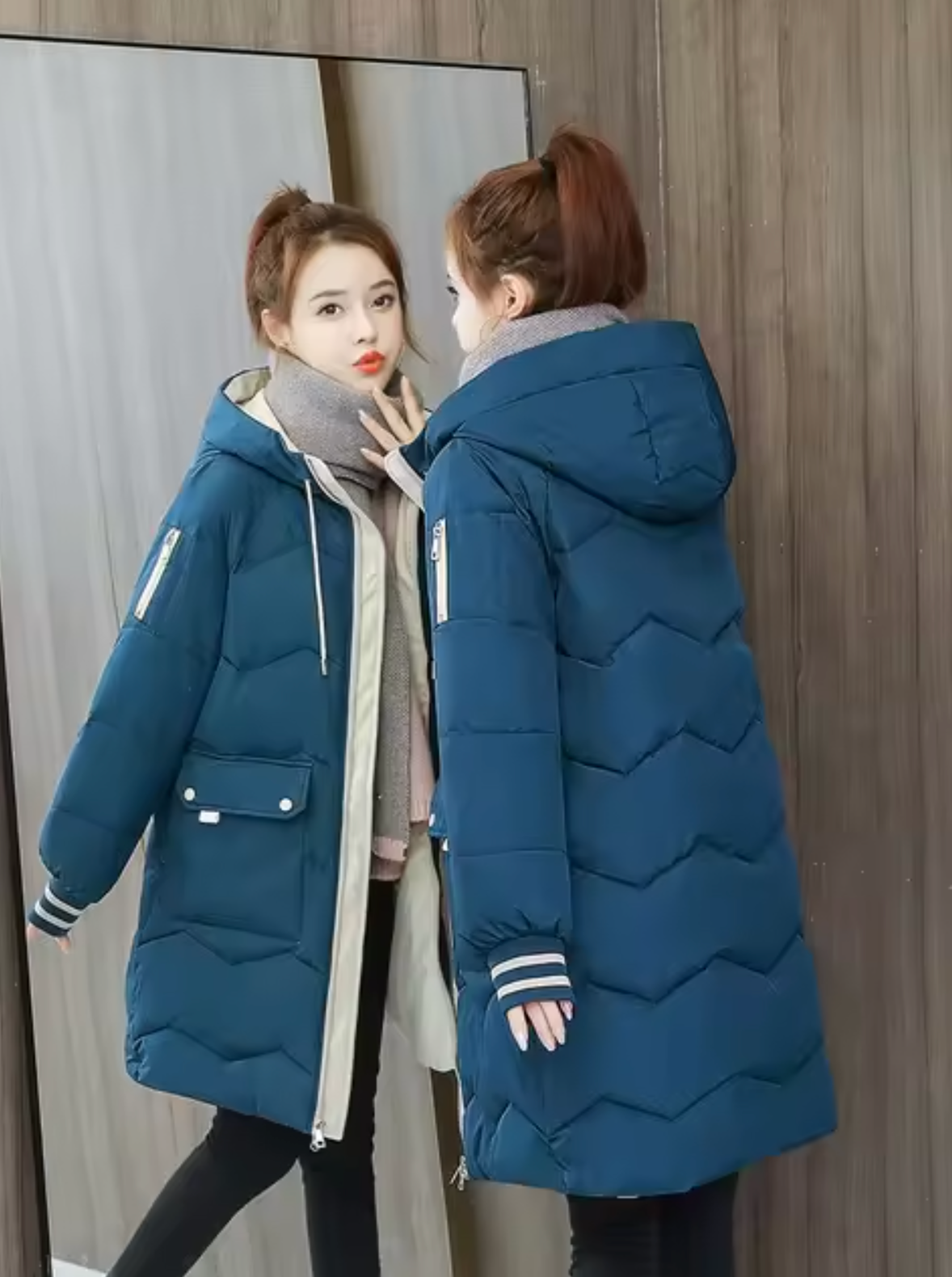 Damen-Lange Parka, Winter, Winddichte Baumwolle, mit Kapuze-3