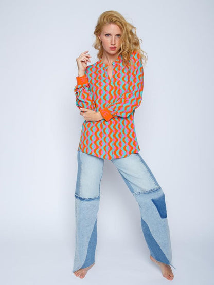 Damen Bluse, V-Ausschnitt, Retro-Wellenmuster, 100% Baumwolle-2
