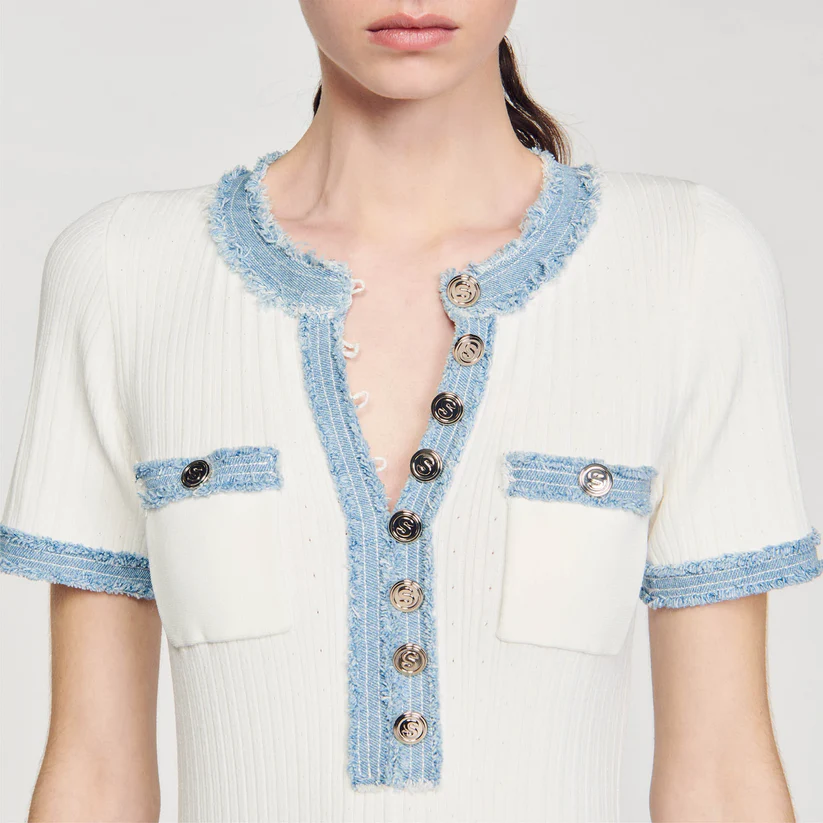 Damenkleid Denim Patchwork Gestrickt mit kurzen Ärmeln-4
