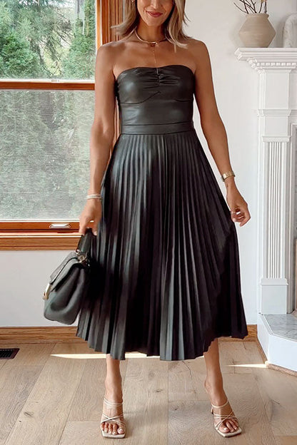 Damen-Midikleid, trägerlos, Kunstleder, schöne Damenkleider-6