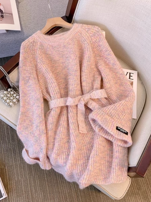 Damen-Strickpullover, Oversized, geripptes weiches Material mit Gürtel-1