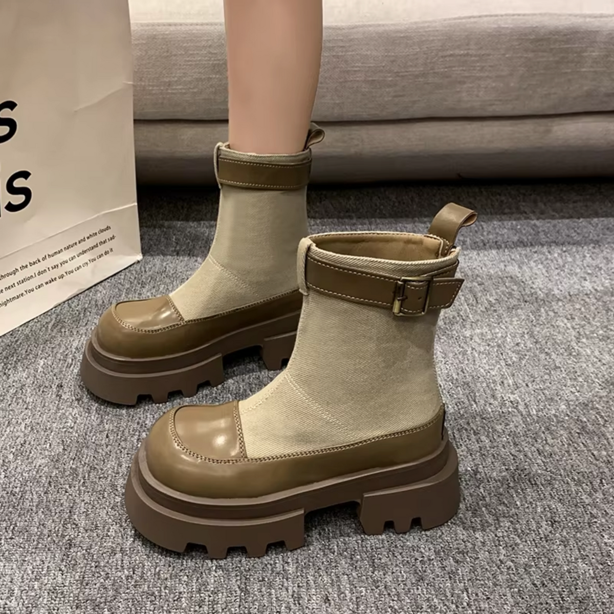 Damen-Plateaustiefel, Vierkantabsatz, nachhaltiger Canvas-2