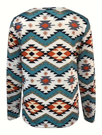 Damen-Langarm-T-Shirt, Geometrischer Druck, Baumwolle-3