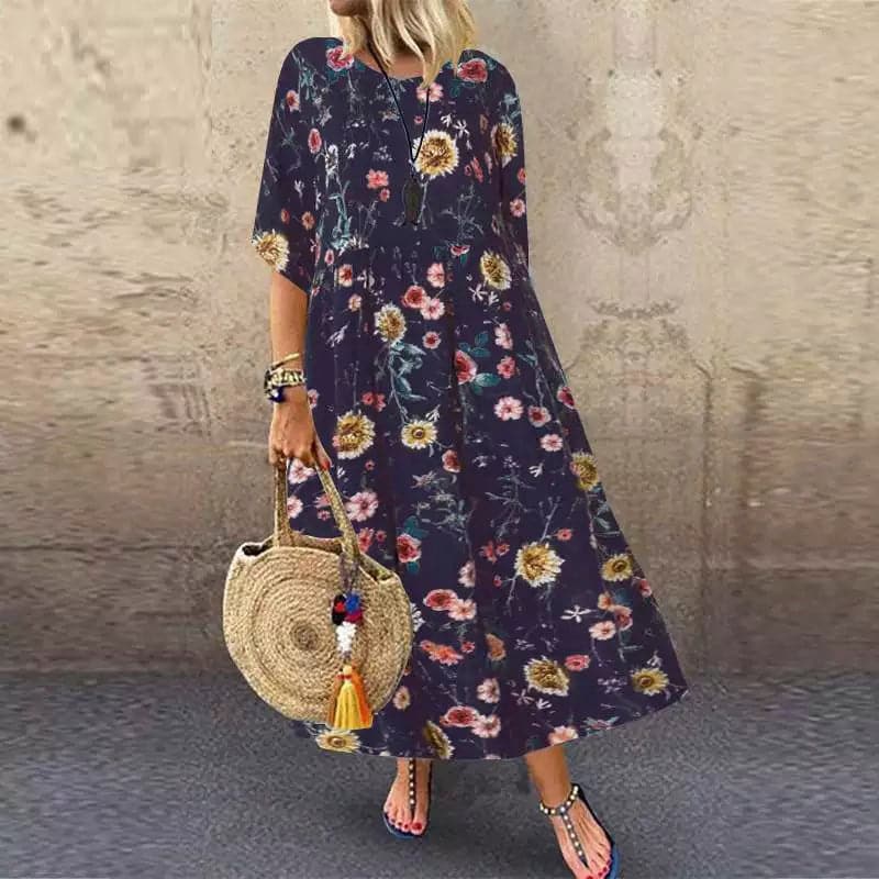 Damen-Maxikleid, Blumenmuster, leichtes Polyester, elegantes Design-2