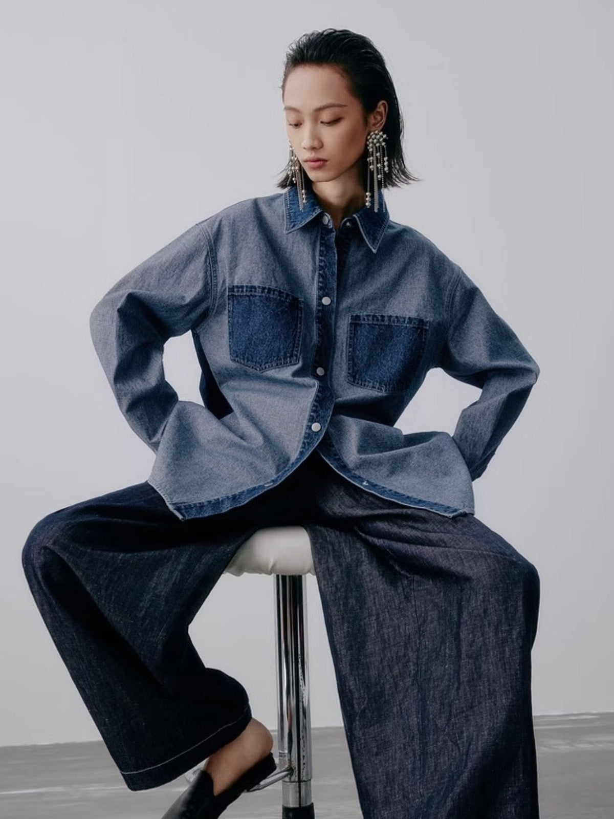 Damen-Hemd, Farbblock, Denim, Patchwork-Design-6