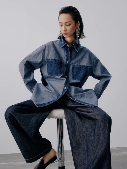 Damen-Hemd, Farbblock, Denim, Patchwork-Design-6