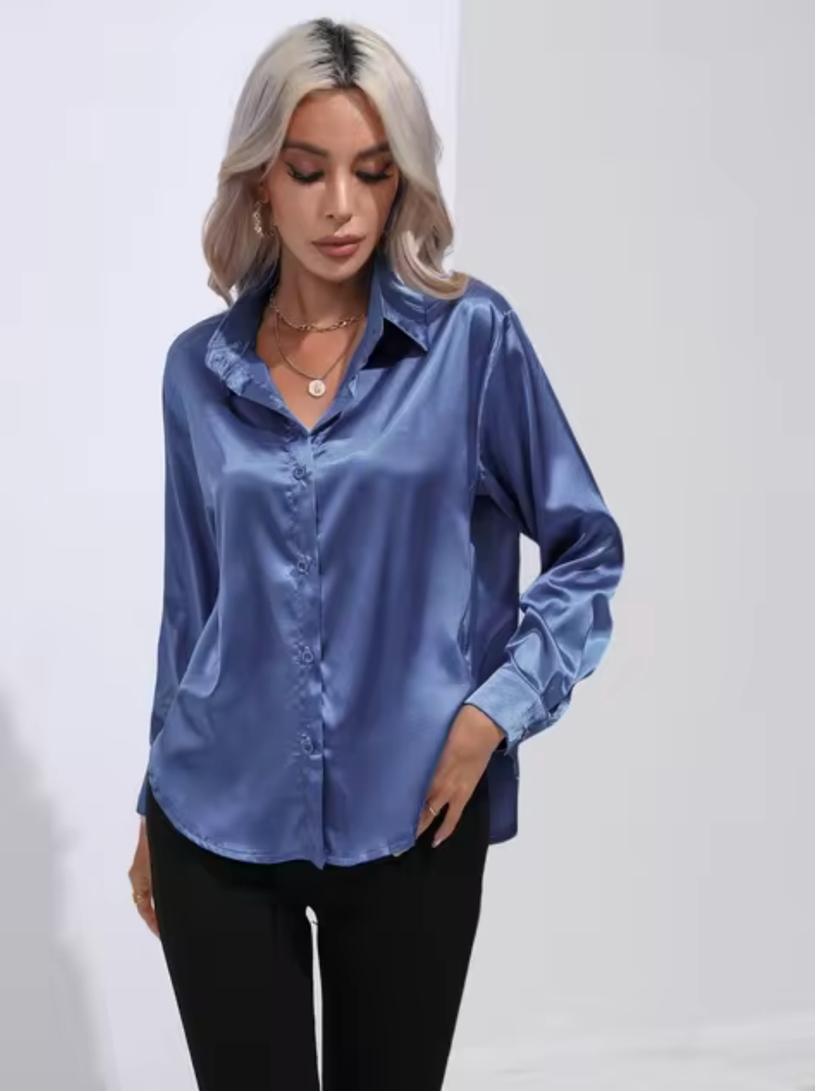 Damenbluse Langarm Satin eleganter V-Ausschnitt-3