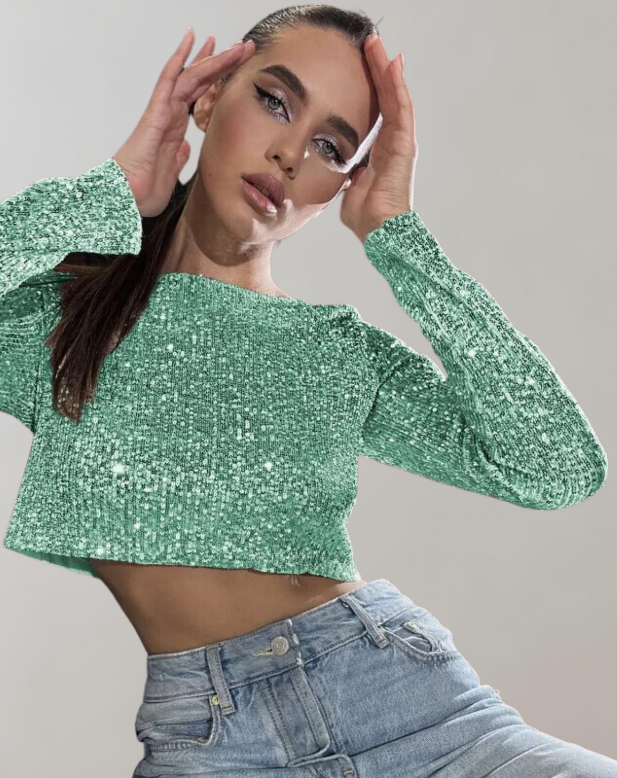 Damen Crop-Top Glitzernde Pailletten Elastisch Weich-5