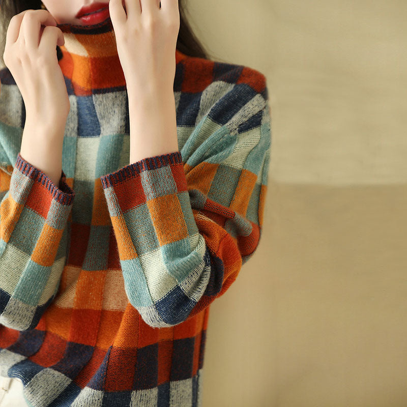 Variant image for Damen-Strickpullover, bunt kariert aus Baumwolle-Acryl mit langen Ärmeln-1