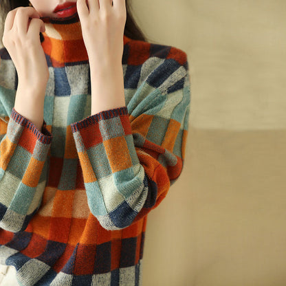 Variant image for Damen-Strickpullover, bunt kariert aus Baumwolle-Acryl mit langen Ärmeln-1