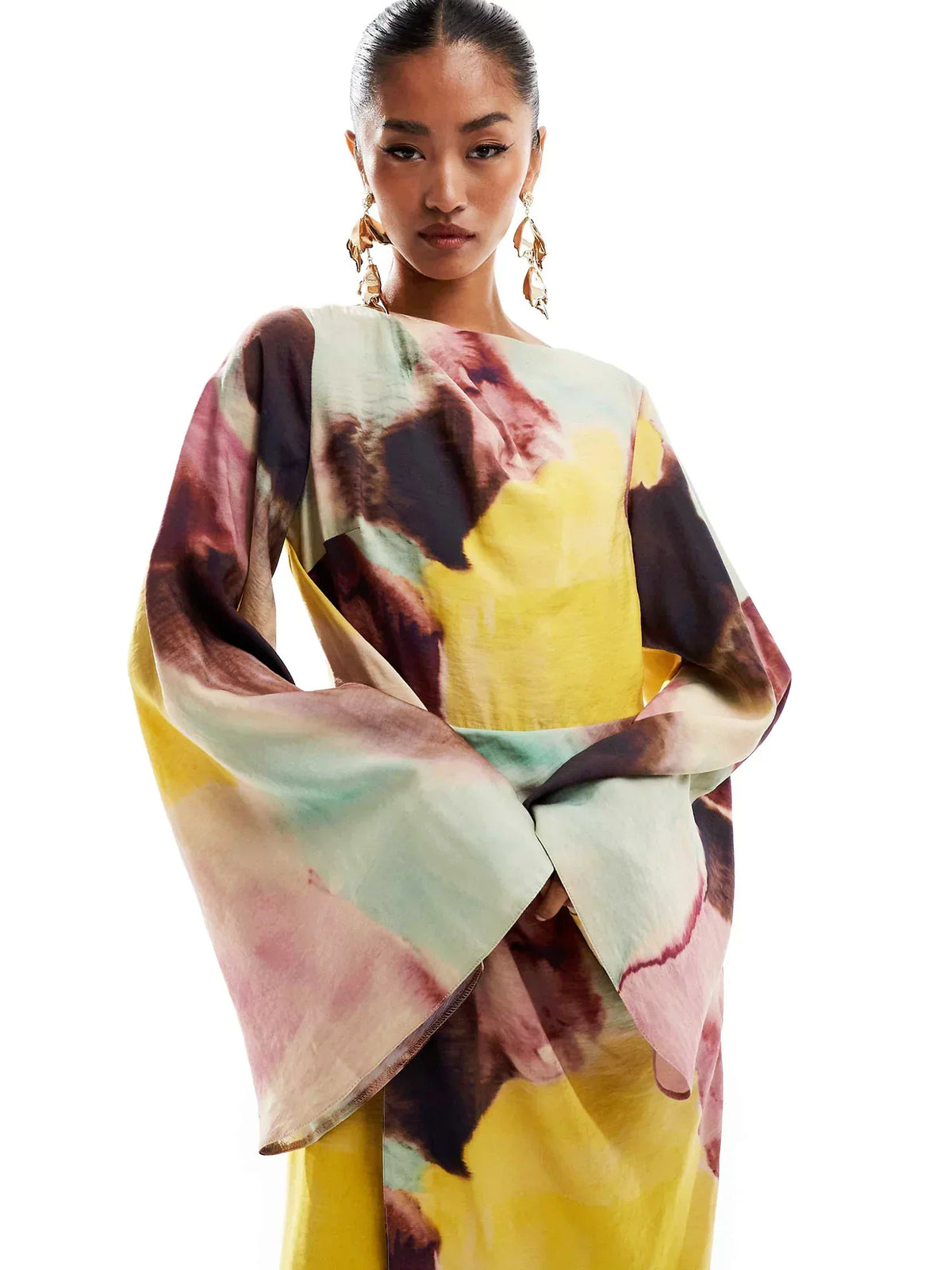 Damen-Kleid, langärmelig, drapiert, abstrakt, Stoff-2
