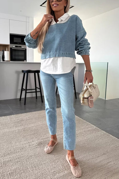 Damen-Denim-Top, Splice-Design, lange Ärmel, Baumwolle, Polyester-3