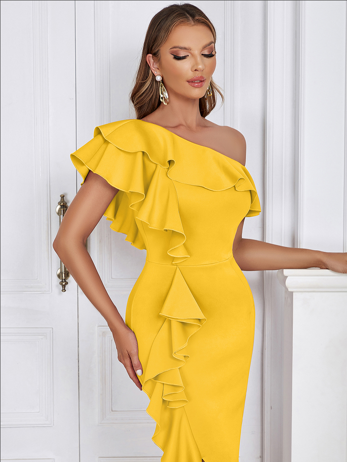 Damen-Midikleid mit asymmetrischem Design und Rüschenkragen - Sonnengelb, figurbetonte Passform, 100% Polyester 4