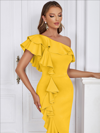 Damen-Midikleid mit asymmetrischem Design und Rüschenkragen - Sonnengelb, figurbetonte Passform, 100% Polyester 4
