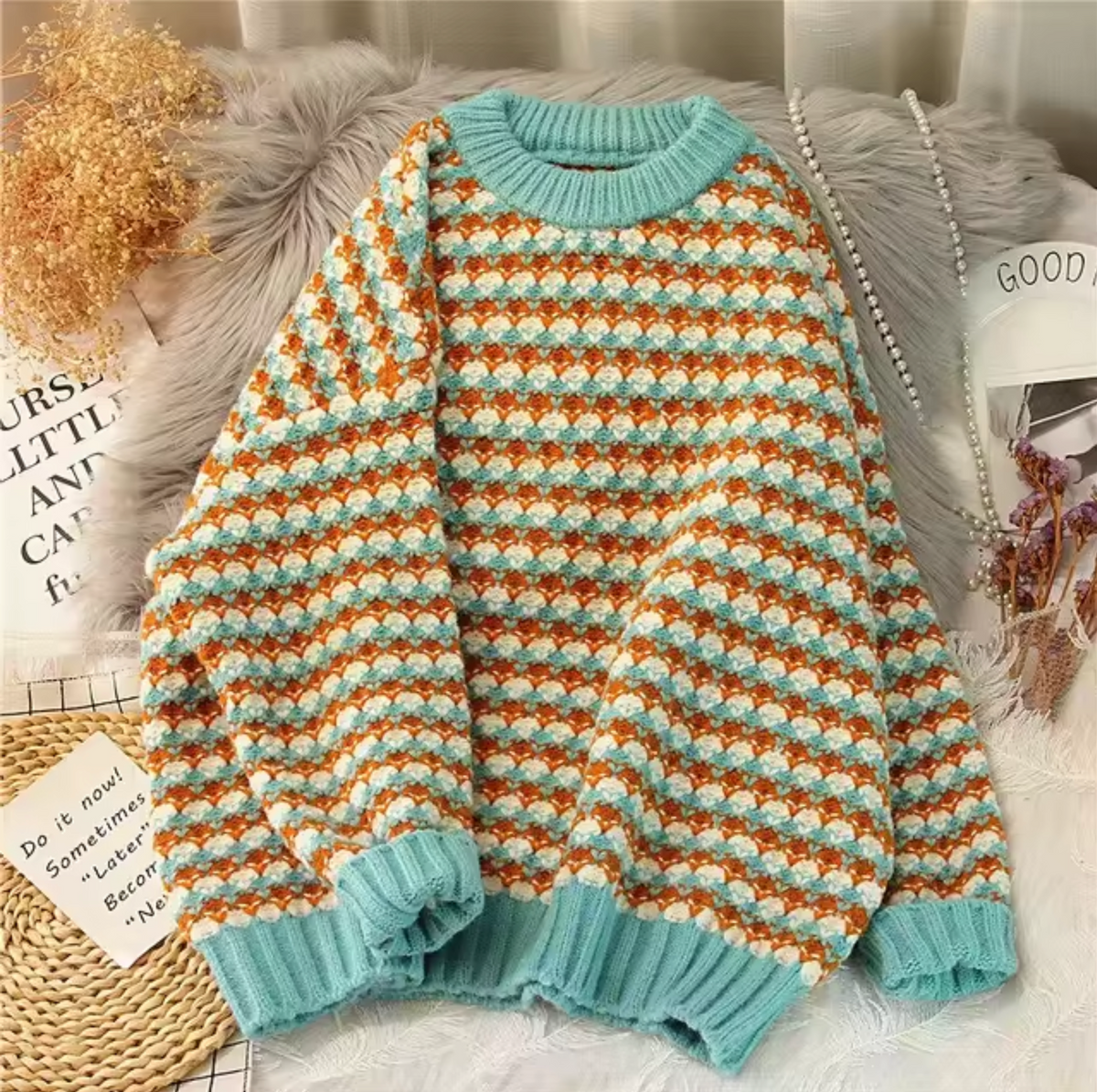 Damen Oversized Pullover Streifen Gestrickt-5