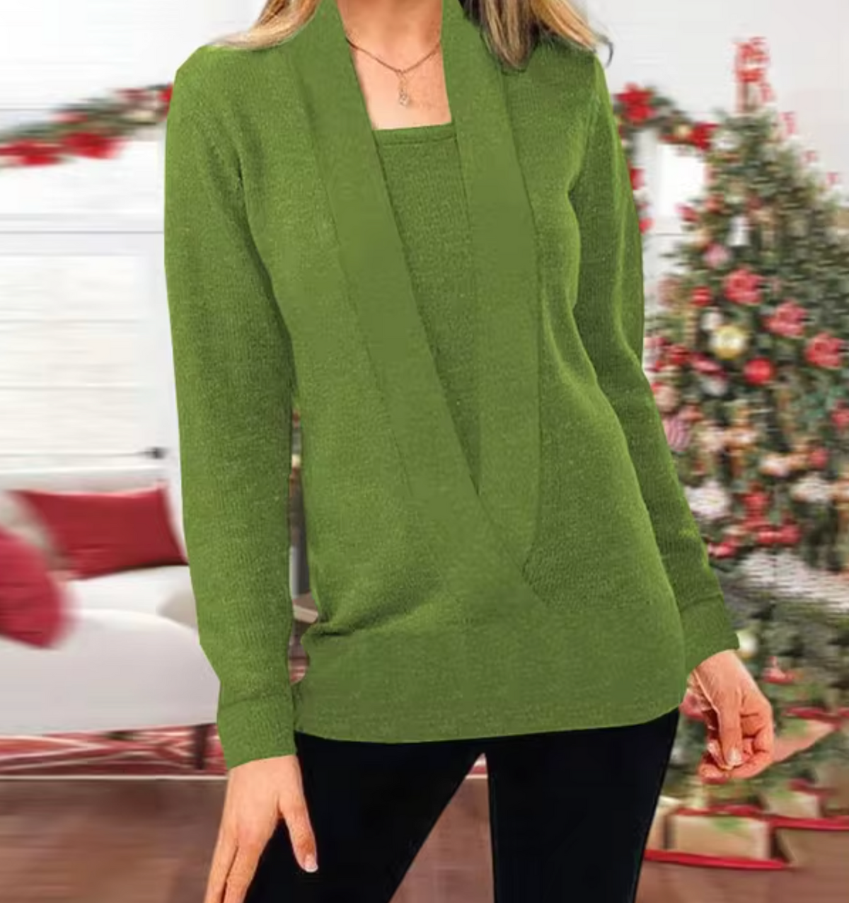 Damen-Strickpullover, tiefer V-Ausschnitt, lange Ärmel, weiche Faser-3