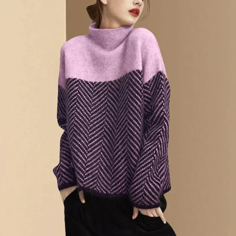 Damen-Strickpullover, hoher Kragen, Fischgrätmuster, weiches Acryl-3