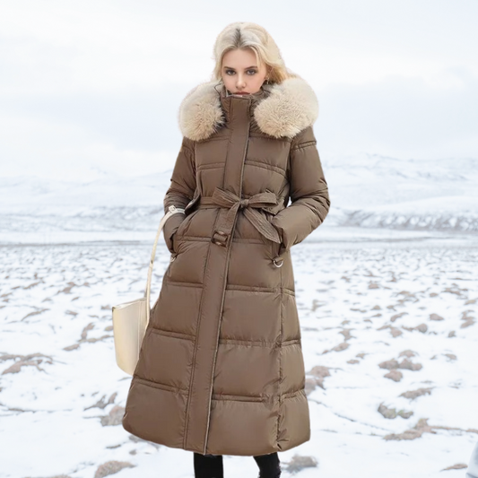 Langer Wintermantel Damen Locker Schnitt mit Pelzkragen Synthetisch Faser-1