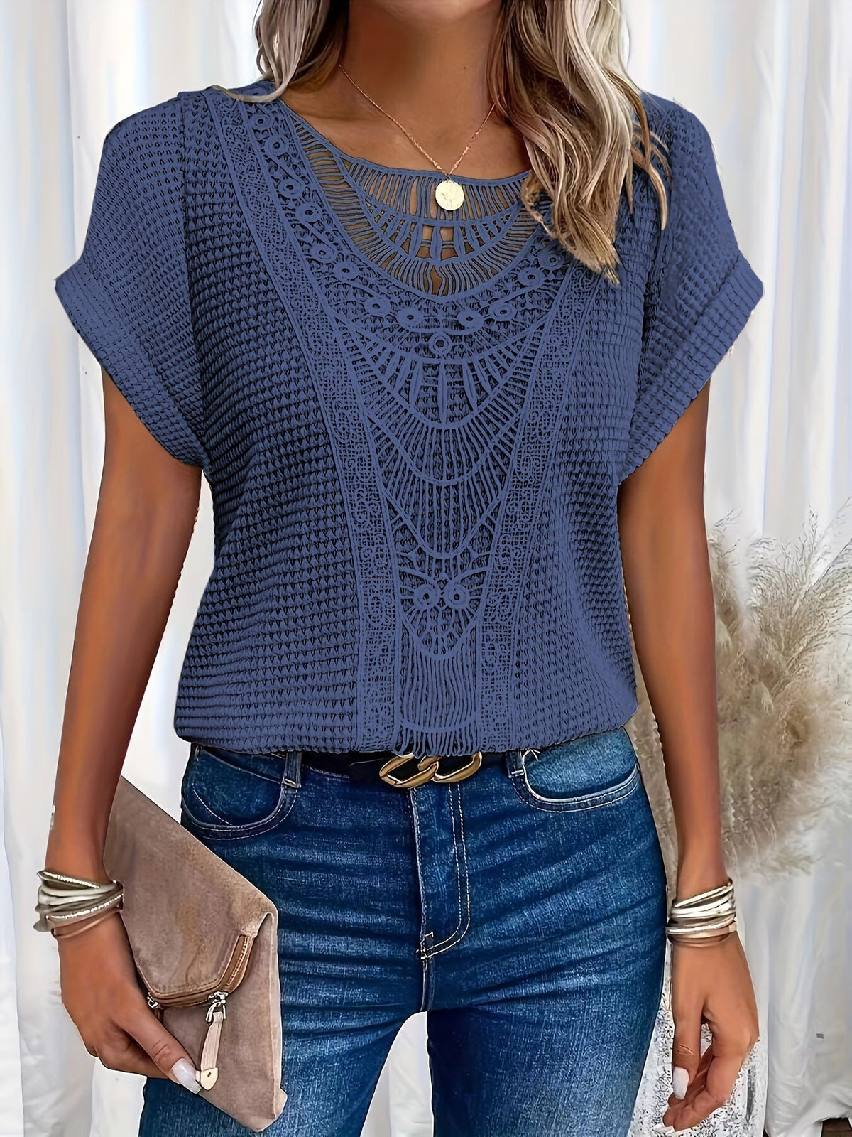 Damen-Party-Tops, Rundhalsausschnitt, Spitzendetails, Baumwollmischung-2