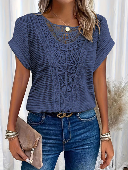 Damen-Party-Tops, Rundhalsausschnitt, Spitzendetails, Baumwollmischung-2