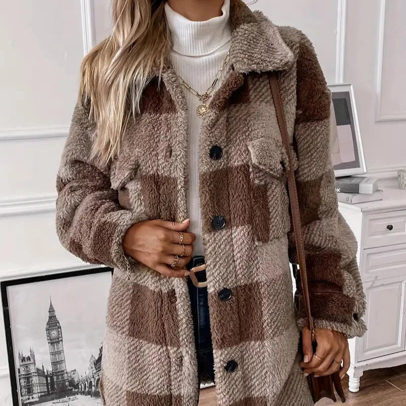 Damen-Mantel, flauschig, Plüsch, mit braun, Karomuster-4