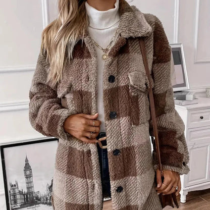 Damen-Mantel, flauschig, Plüsch, mit braun, Karomuster-4