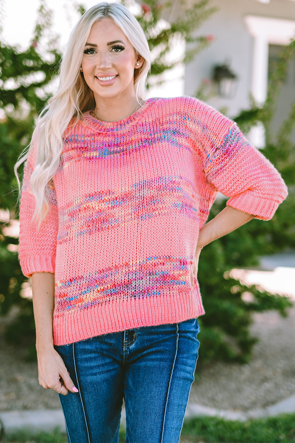 Damen-Strickpullover, bunte Streifen, 3/4-Ärmel, lockere Passform-5